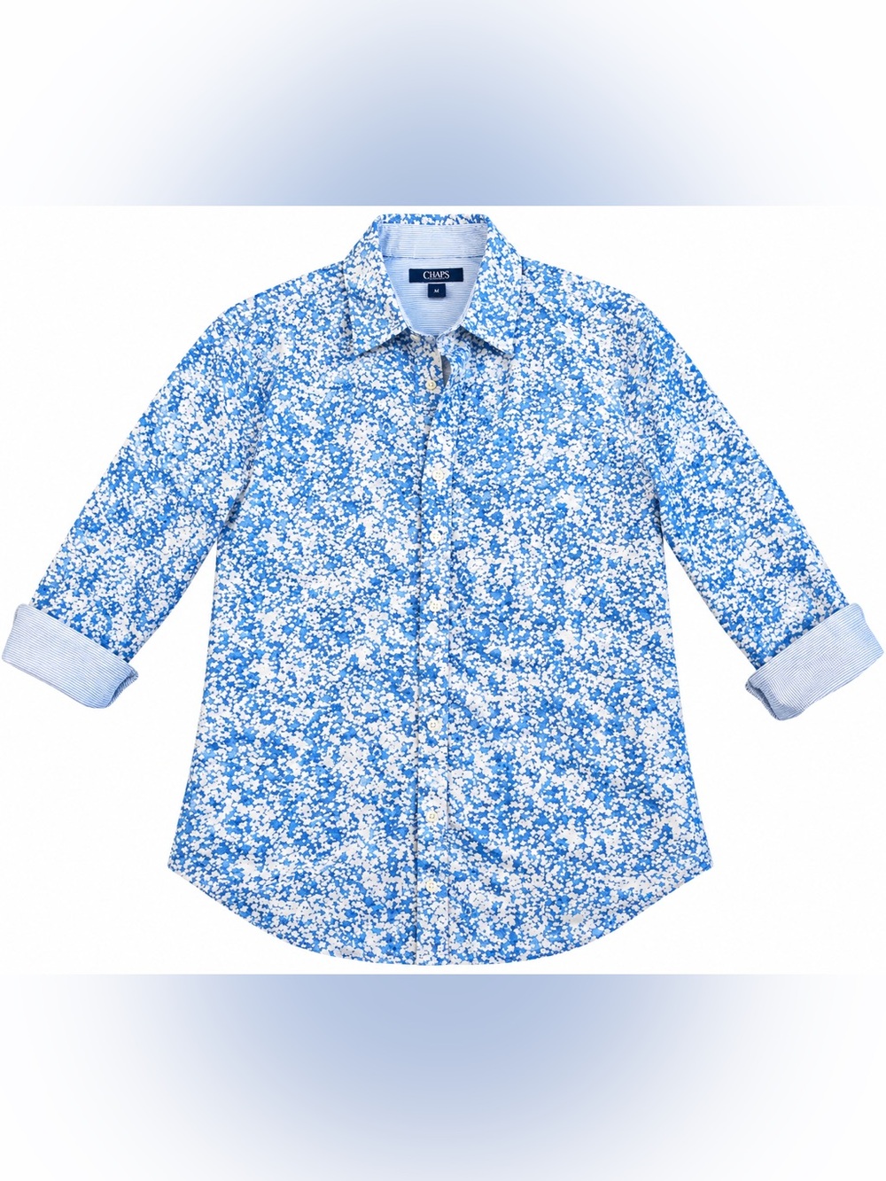 CHAPS woman Small P Blue White Floral 100% Cotton No Iron Button Down Shirt